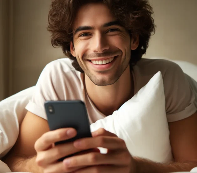 DALL·E 2024-12-08 17.10.16 - A realistic and warm image of a smiling young man with curly hair lying comfortably in bed. He is holding a smartphone and looking at it with a happy